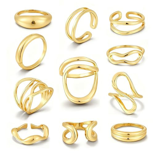 FAXHION 12PCS Gold Stackable Rings Set for Women, 18K Gold Plated Open Stacking Knuckle Ring, Adjustable Chunky Signet Band Statement Ring for Gift (3-Gold Irregular) | Amazon (US)