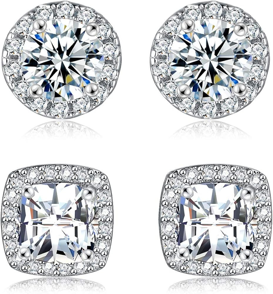 18K White Gold Plated Round Square Cubic Zirconia Simulated Diamond Halo Stud Earrings (2 Pairs) | Amazon (US)