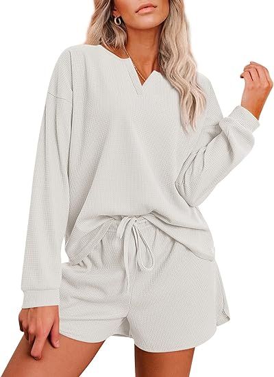 Ekouaer Womens Waffle Knit Pajamas Lounge Set Long Sleeve Top and Shorts 2 Piece Loungewear with ... | Amazon (US)