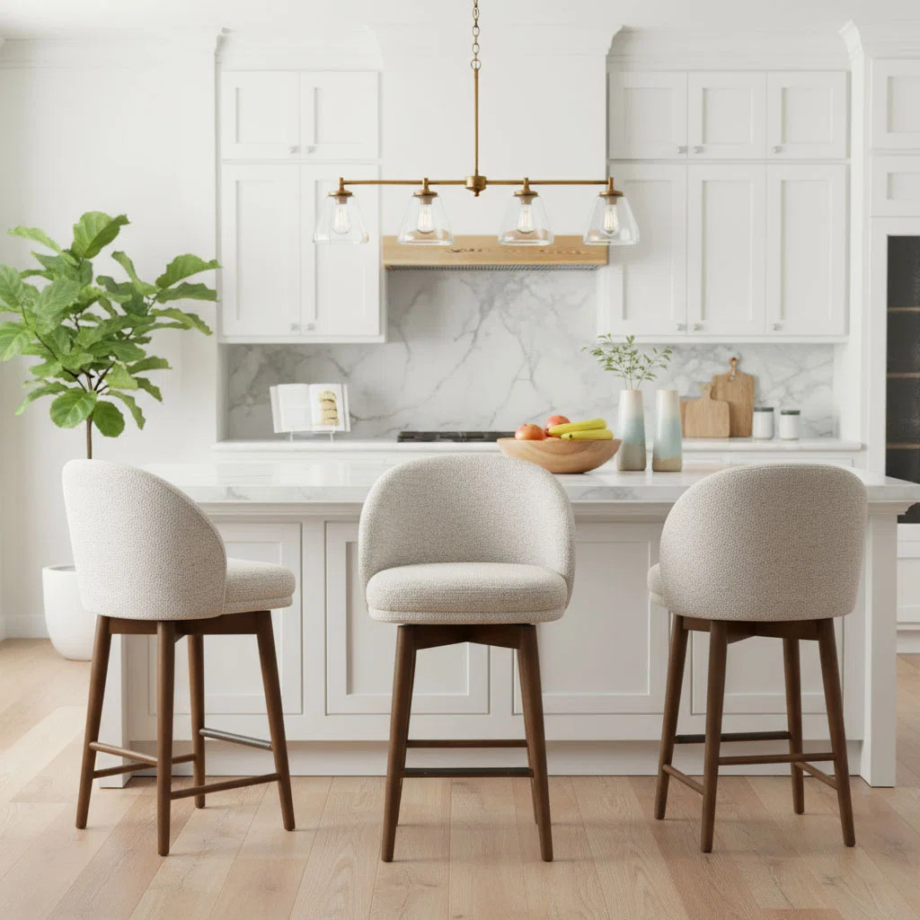 Upholstered Swivel Counter Stool With Curved Back And Solid Wood Legs (Set of 3) | Wayfair North America