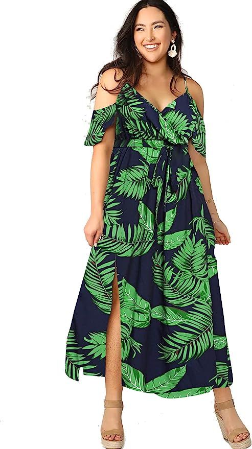 Milumia Women Plus Size Cold Shoulder Floral Maxi Bohemian Split Dress | Amazon (US)