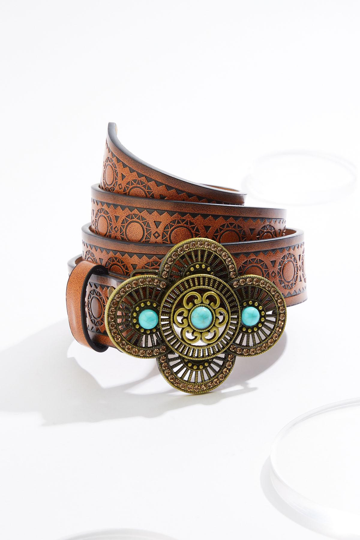 Scallop Turquoise Buckle Tooled Belt | Cato Fashions