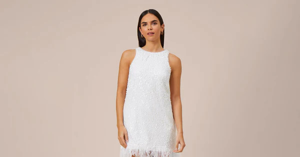 Hand-Sequined Trapeze Halter Dress With Feather Trim In Ivory | Adrianna Papell