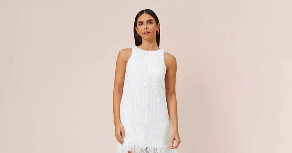 Hand-Sequined Trapeze Halter Dress With Feather Trim In Ivory | Adrianna Papell