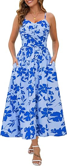 Annebouti Women 2026 Summer Spring Ruched Maxi Dress Adjustable Spaghetti Strap Floral Beach Long... | Amazon (US)