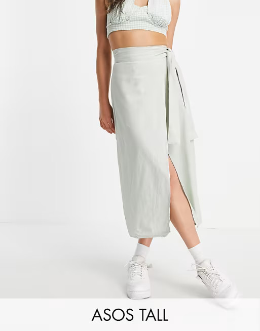 ASOS DESIGN Tall wrap midaxi skirt with wrap around tie detail in washed sage | ASOS (Global)