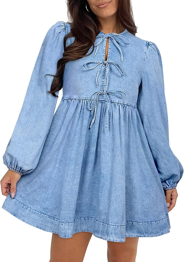 Qazel Vorrlon Denim Dress for Women Puff Short Sleeve Babydoll Jean Romper Pockets Summer Casual ... | Amazon (US)
