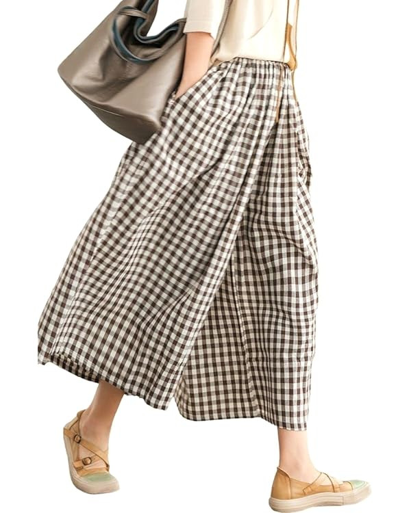 chouyatou Women's Cotton Linen Pants Elastic Waist Plaid Gingham Wide Leg Capri Palazzo Pants | Amazon (US)