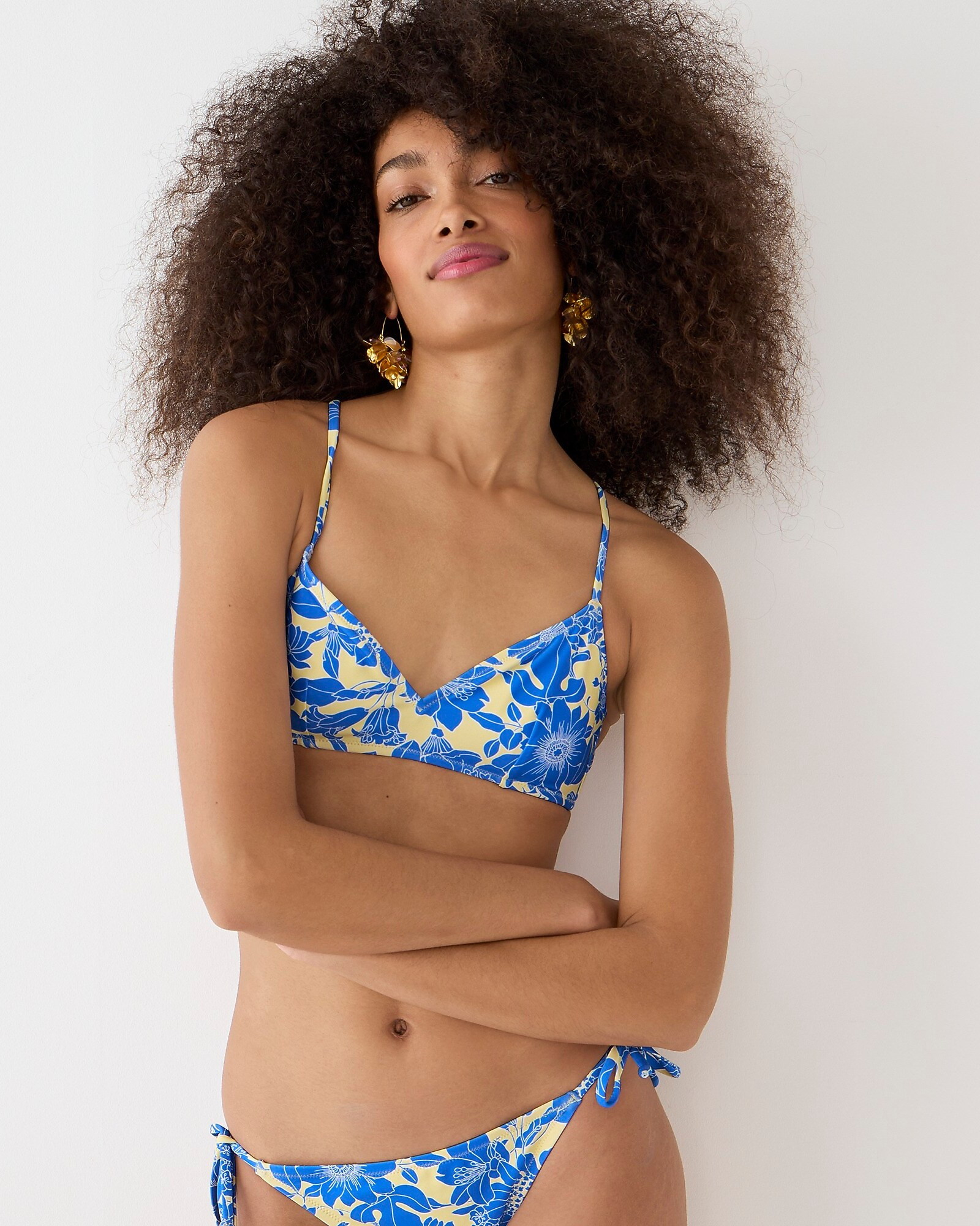Cross-back french bikini top in blue floral | J. Crew US