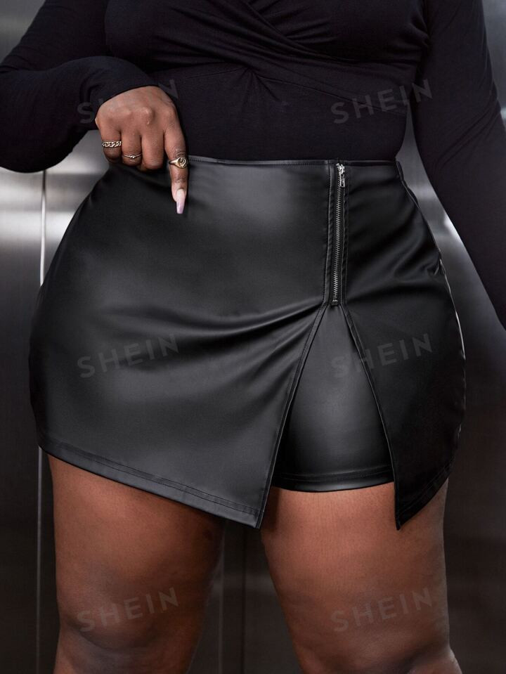SHEIN Slayr Women's Plus Size Sexy Party Knit Pu Leather Skort With Elastic Waist | SHEIN USA | SHEIN