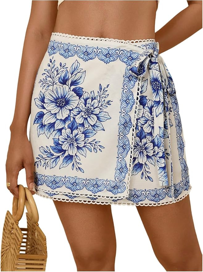 MakeMeChic Women's Summer Tropical Print High Waisted Shorts Wide Leg Boho Vacation Skorts | Amazon (US)