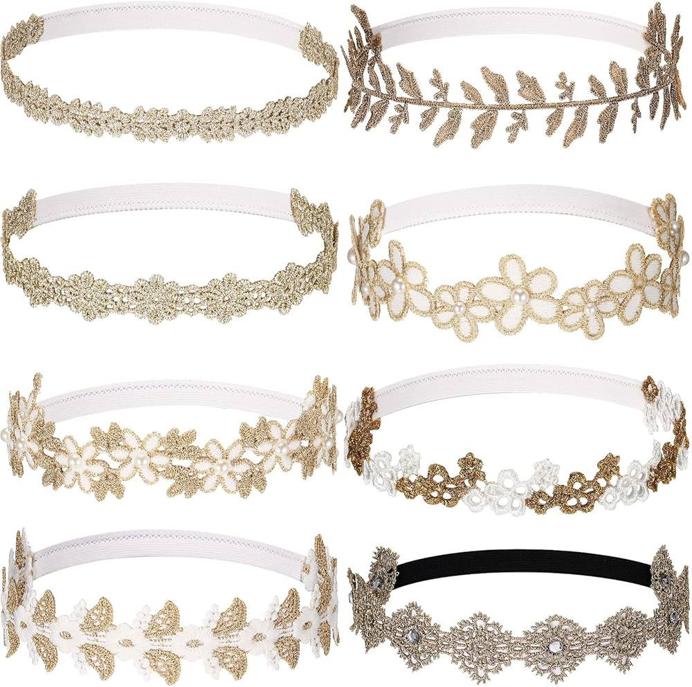 8 Pcs Baby Elastic Flower Headbands Stretch Lace Headware Floral Leaf Lace Band Hand Sewing Flowe... | Amazon (US)