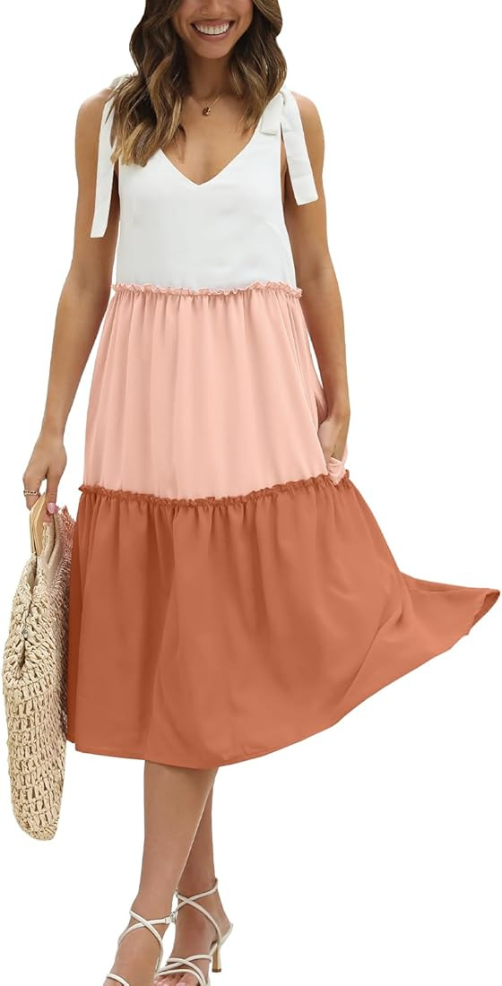 DEEP SELF Womens Summer Sleeveless Dress Casual V Neck Tie Strap Babydoll Midi Dresses Ruffle Hem Ti | Amazon (US)