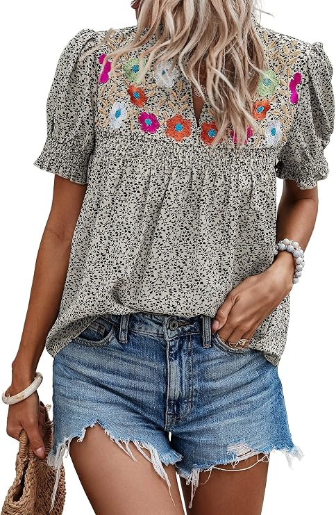 Angashion Womens Tops, Summer Casual Short Sleeve V Neck Solid Flowy Top Loose Tunic Blouses Shir... | Amazon (US)