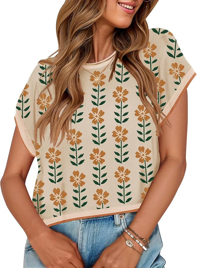 ZESICA Womens Summer Casual Printed Tops Cap Sleeve Crew Neck Cute Knit Sweaters 2025 Trendy Clot... | Amazon (US)