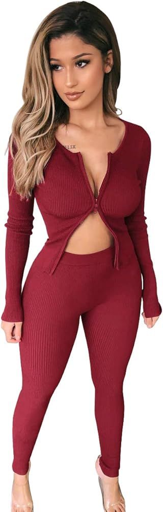 XLLAIS Women Fashion Ribbed Double Zipper Tops and Pants Sets Tracksuits | Amazon (US)