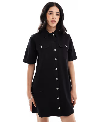 Miss Selfridge oversized short sleeve denim shirt dress in black wash | ASOS (Global)