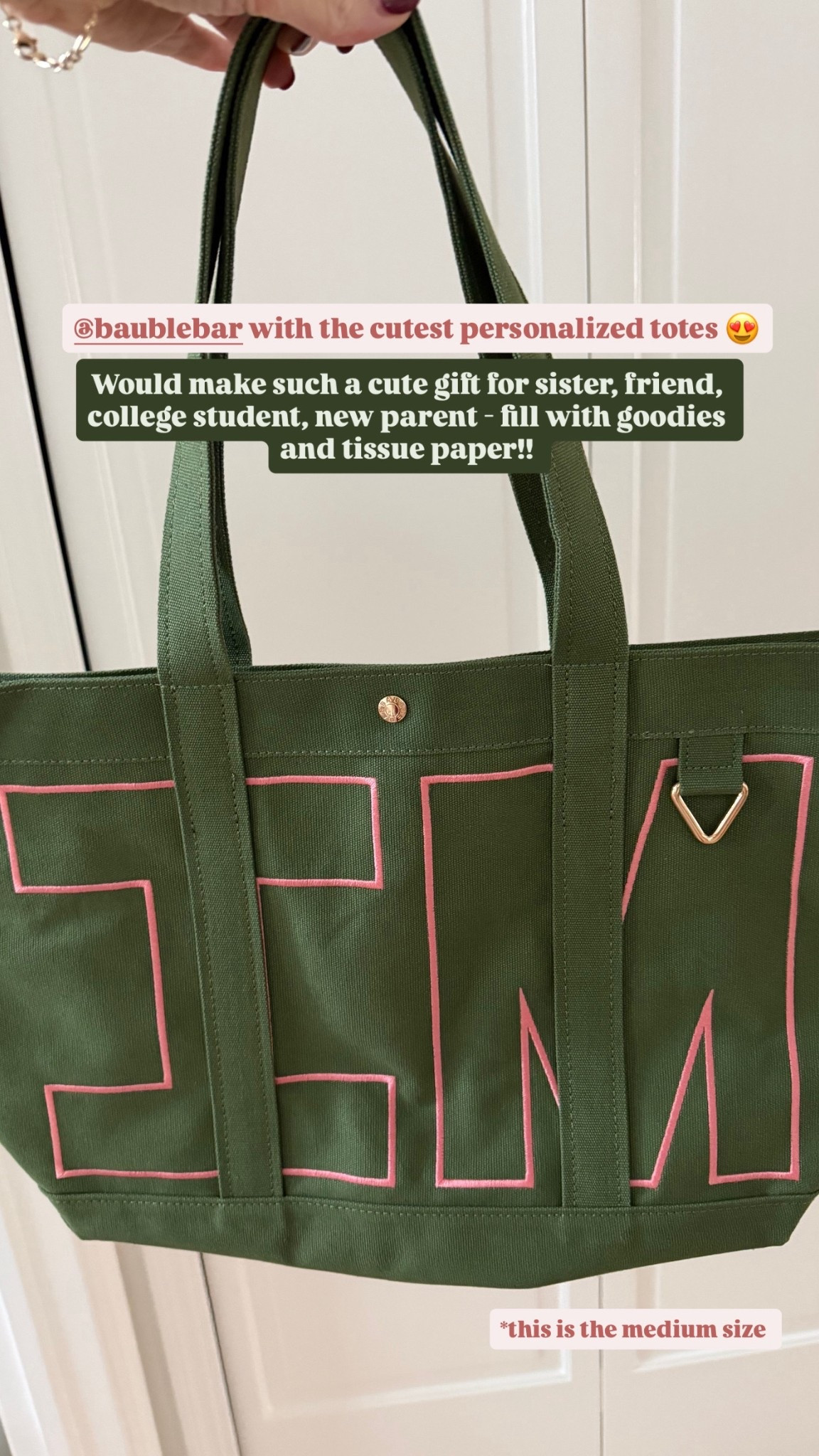 Obsessed with this new personalized tote from baublebar - 25% off right now!! Such a cute gift idea for sister, best friend, college student or new parent - stuff with essentials and tissue paper! 

  Color: olive green, letter color: soft pink, size: medium

Black Friday / cyber Monday 

#LTKSaleAlert #LTKHoliday #LTKGiftGuide