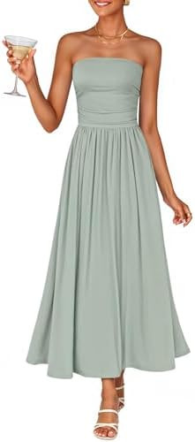ZESICA Women's Summer Sleeveless Midi Dress 2026 Strapless Ruched A Line Flowy Wedding Guest Part... | Amazon (US)