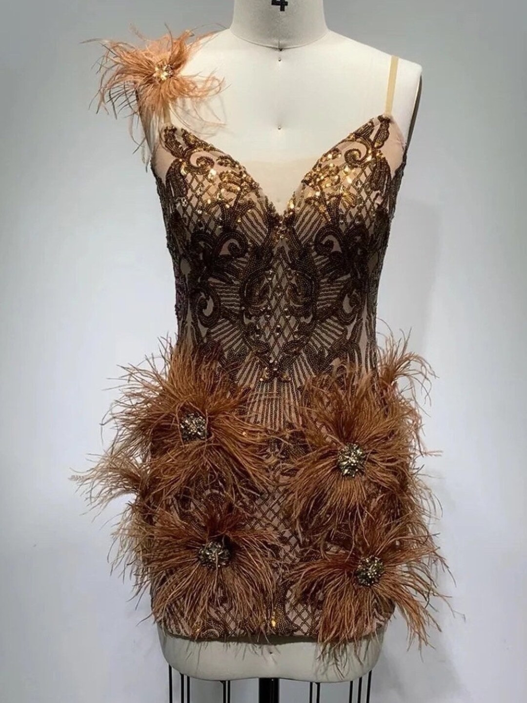 Gold Sequin and Feather Embellished Mini Dress - Etsy | Etsy (US)