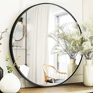 Round Mirror 28 inch, Round Black Mirror, Round Bathroom Mirror Metal Frame, Wall Mounted Circle ... | Amazon (US)