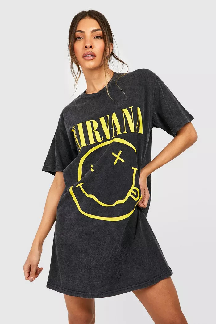 Nirvana Acid Wash Slogan Smiley T-Shirt Dress | Boohoo.com (US & CA)