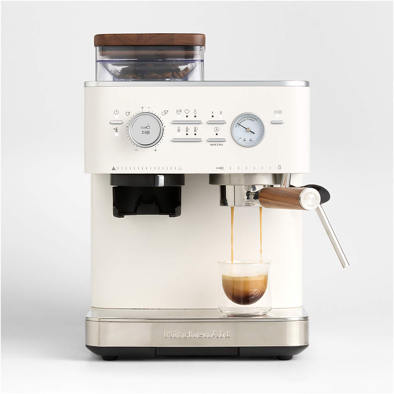 KitchenAid Porcelain Semi-Automatic Espresso Machine with Walnut Accessory Pack | Crate & Barrel | Crate & Barrel