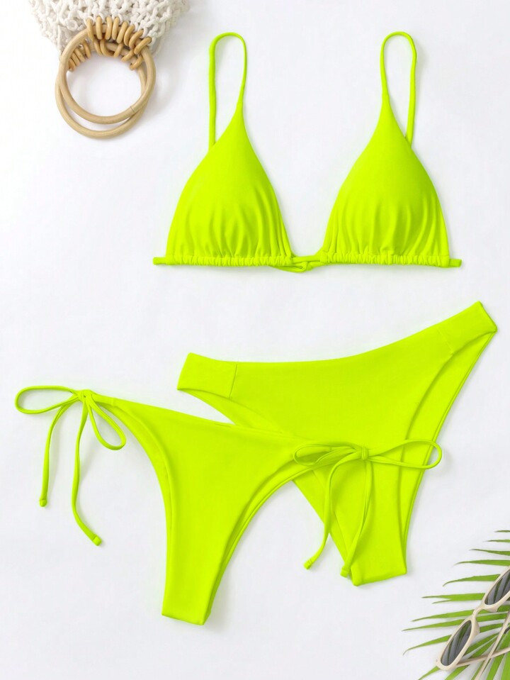 3pcs Neon Lime Triangle Tie Side Bikini Swimsuit | SHEIN