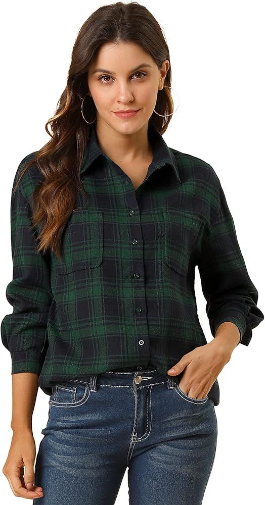 Allegra K Women's Plaid Shirts Long Sleeve Chest Pockets Classic Button Down Shirts | Amazon (US)