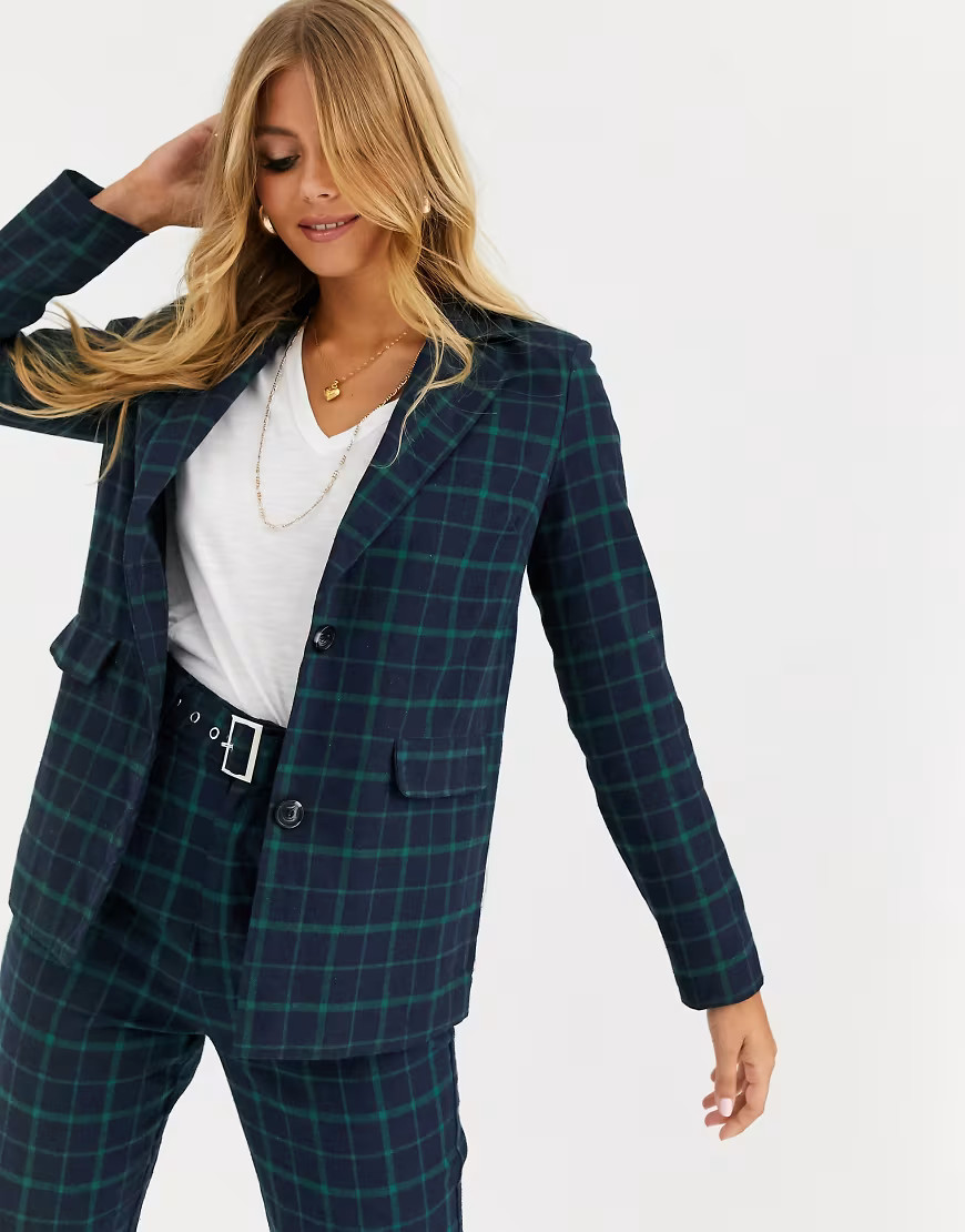 Heartbreak slouchy boyfriend blazer in navy and green check | ASOS (Global)