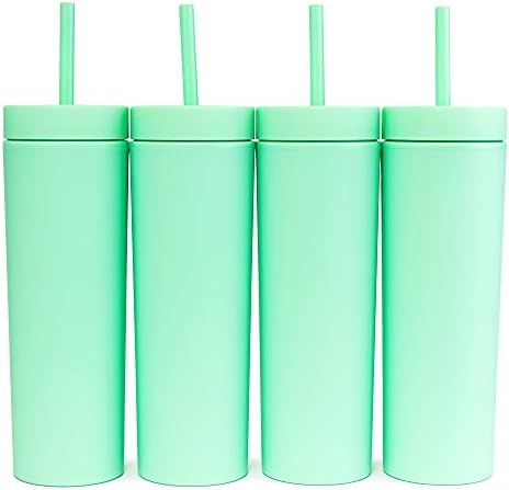 SKINNY TUMBLERS (4 pack) Matte Pastel Colored Acrylic Tumblers with Lids and Straws | 16oz Double Wa | Amazon (US)