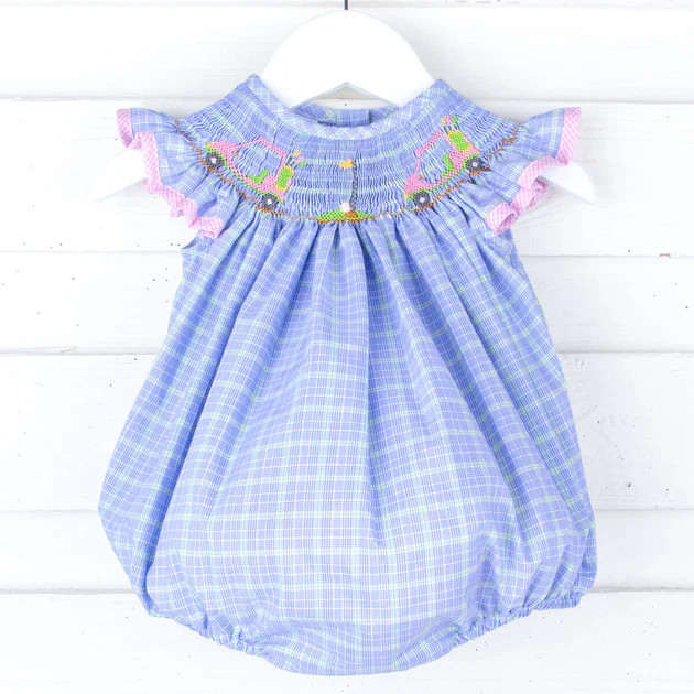 Play Golf Blue Plaid Smocked Angel Sleeve Bubble | Classic Whimsy