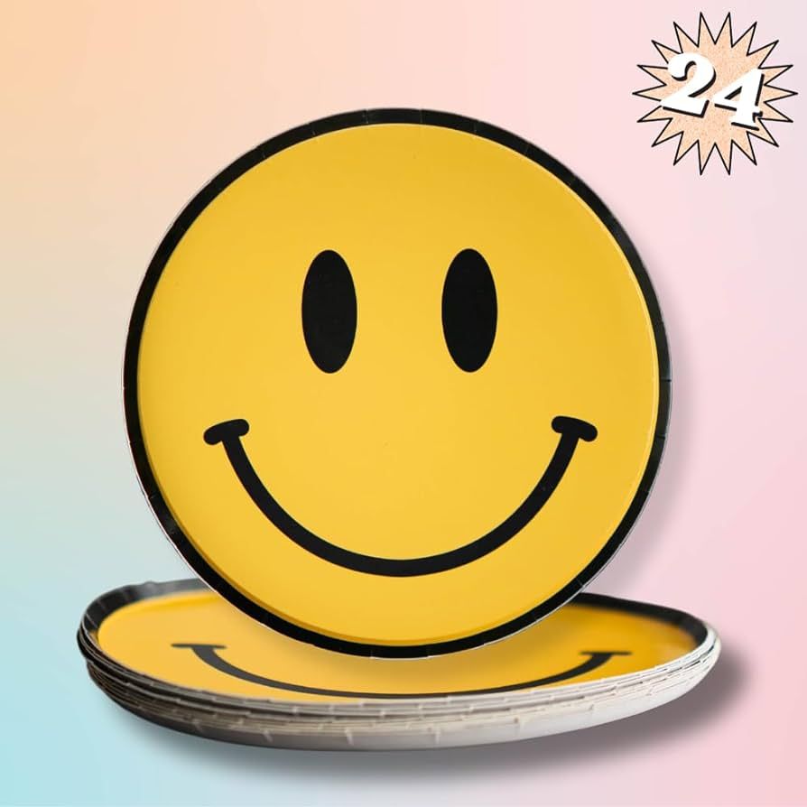 House of Balloons -24 pk, 7" Smiley Face paper plates, happy face party plates, one happy dude plates, birthday cake plates, boy birthday party, girl boy birthday party, smiley face party plates | Amazon (US)