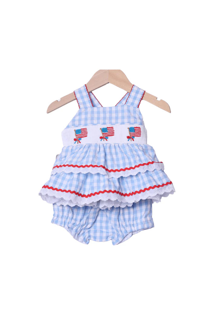 Smocked Flag Blue Seersucker Bloomer Set | The Smocked Flamingo
