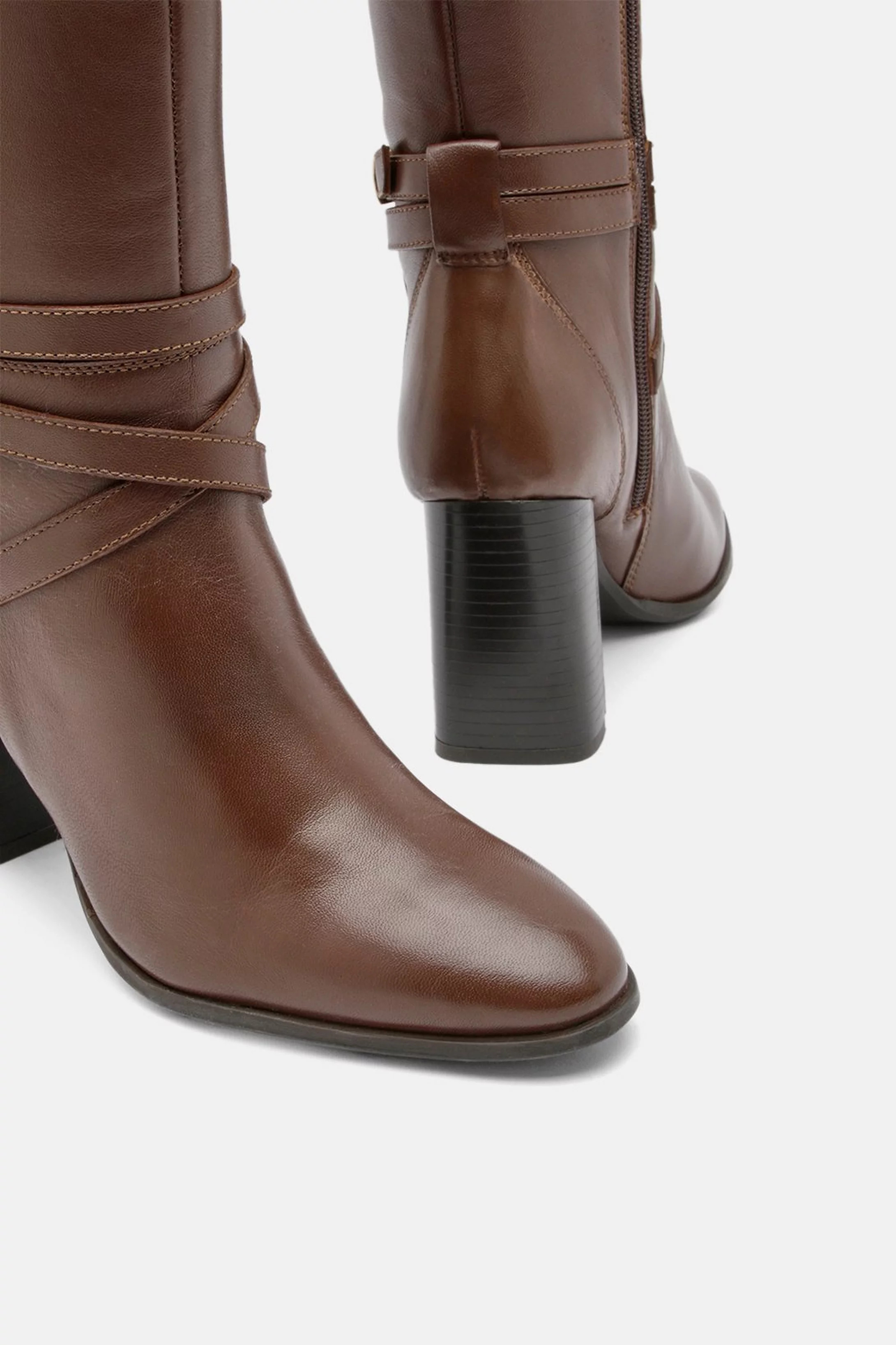 Leather Heeled Buckle Detail Knee High | Karen Millen UK + IE + DE + NL