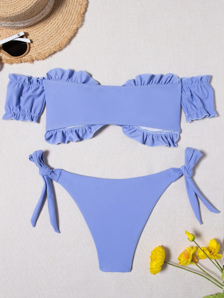 Frill Trim Knot Front Tie Side Bikini Swimsuit | SHEIN