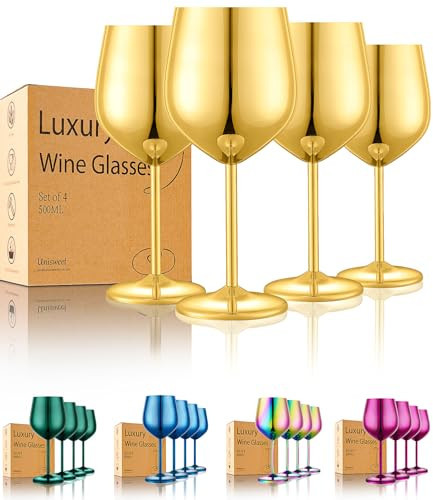 UNISWEET Stainless Steel Wine Glasses Set of 4 Unbreakable Gold Wine Glass 18 oz Unique Metal Wine Goblets for Outdoor, Travel, Camping, Pool, Ideal Gift for Wine Lovers | Amazon (US)