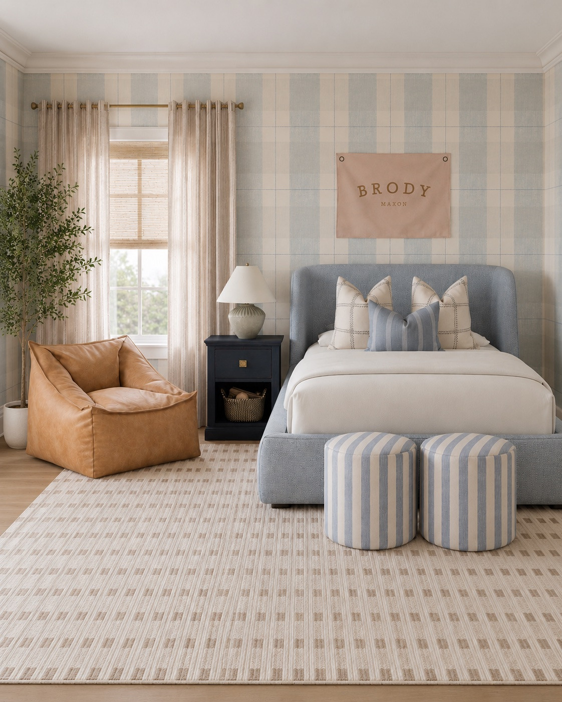 boys bedroom, boys room decor, kids bedroom, tween boys bedroom, blue bedroom, boys bedroom ideas, boys room inspiration, coastal boys room, preppy bedroom, classic boys room, plaid wallpaper, blue plaid wallpaper, upholstered bed, blue upholstered bed, navy dresser, navy nightstand, kids dresser, bedroom furniture, bean bag chair, leather bean bag, striped ottoman, bedroom ottoman, neutral area rug, striped rug, boys wall art, personalized wall decor, kids room decor, vintage inspired decor, coastal home decor, transitional style, bedroom makeover, bedroom inspiration

#LTKHome #LTKKids #LTKmomlife