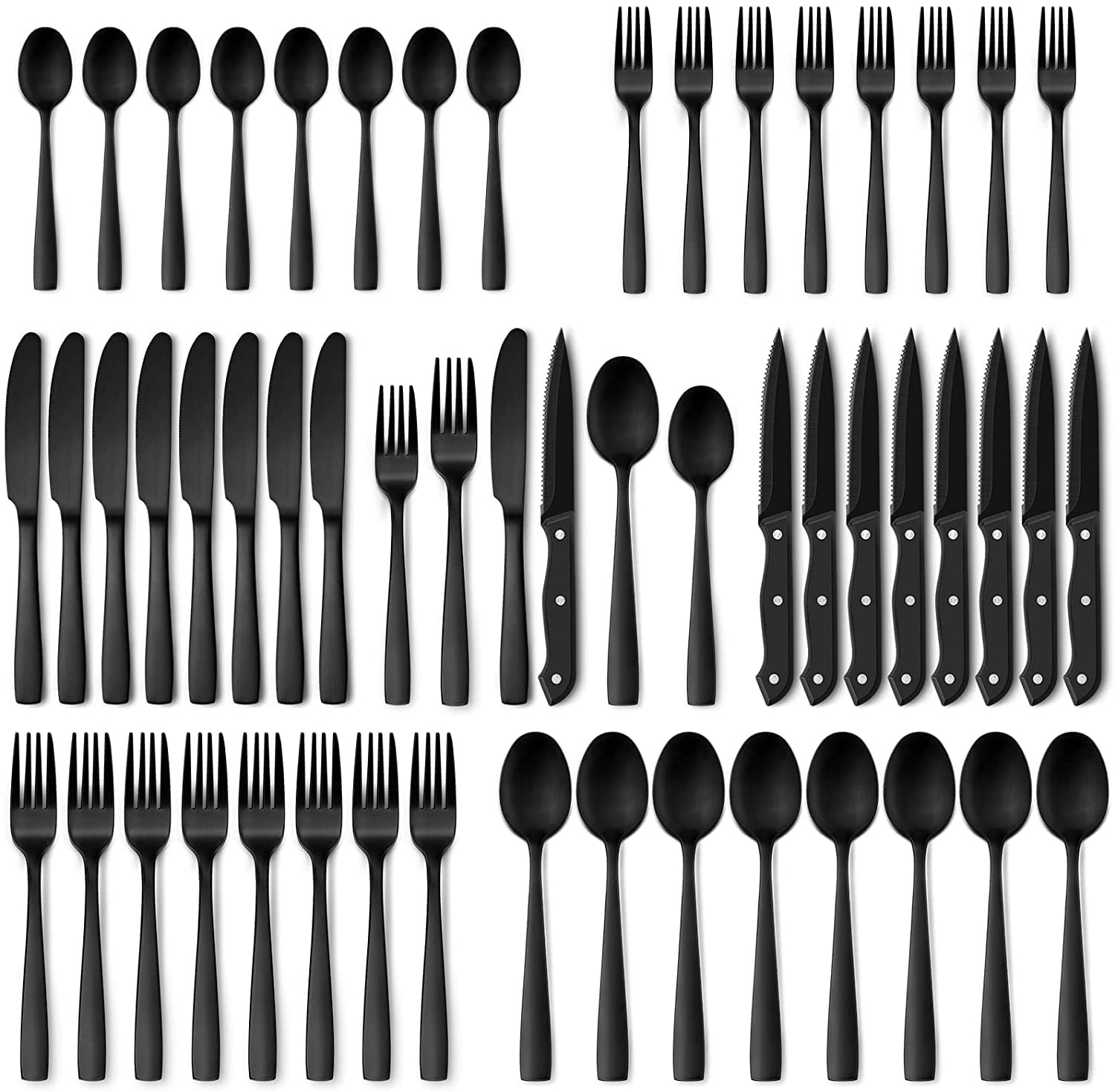 Hiware 48-Piece Matte Black Silverware Set with Steak Knives, Black Flatware Set for 8, Stainless... | Amazon (US)
