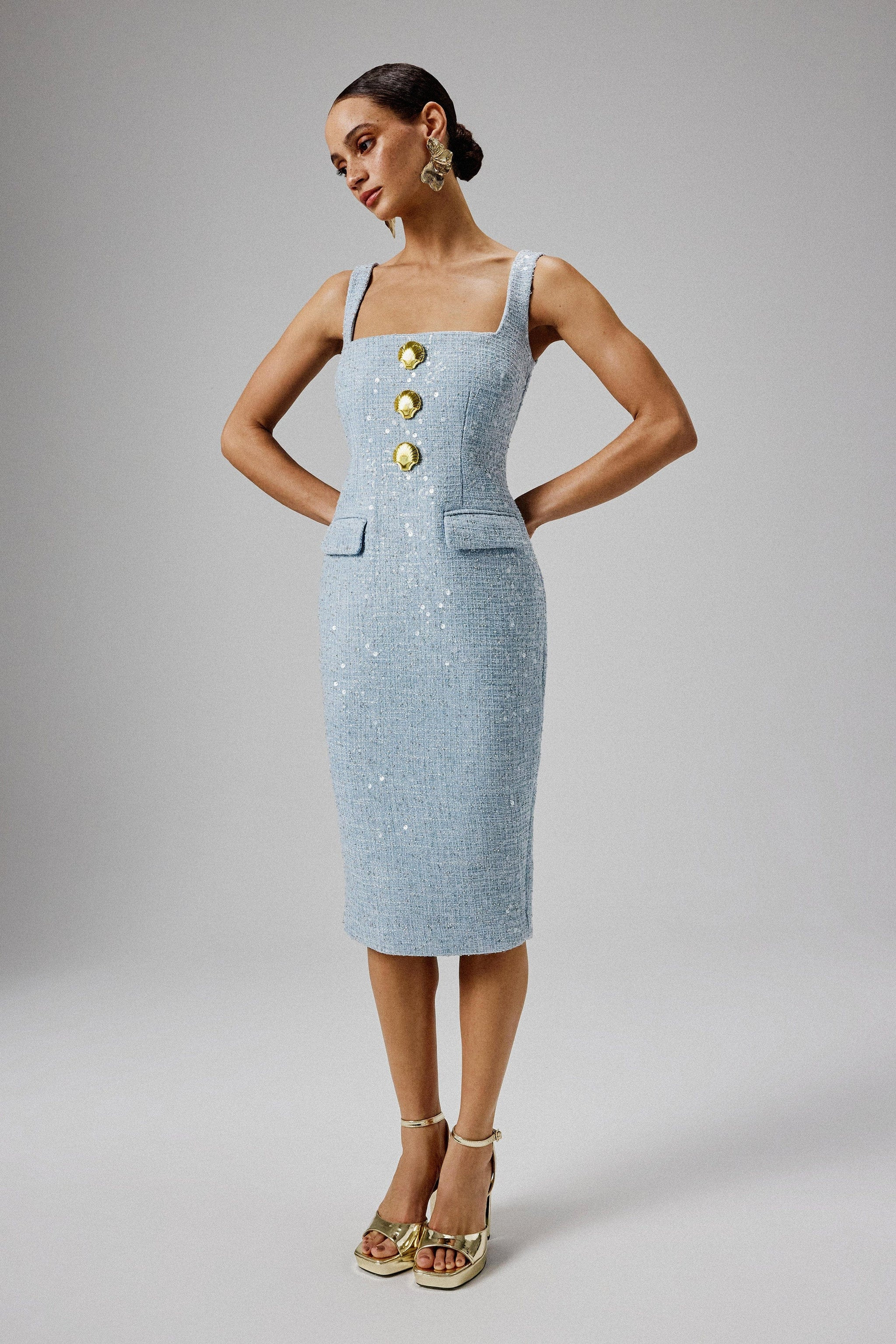 MARIE Square Neck Boucle Midi Dress with Shell Embellishment in Blue | Lavish Alice Retail Ltd