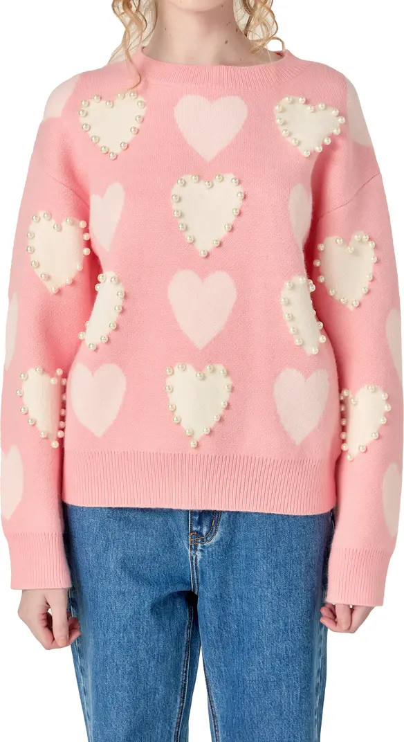 English Factory Heart Faux Pearl Embellished Crewneck Sweater | Nordstrom | Nordstrom