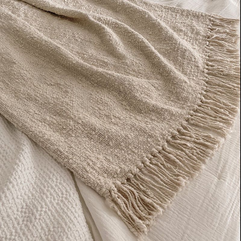 Cotton Beige Throw with Fringe | Purple Rose Home