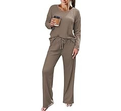 Ekouaer Womens Waffle Knit Pajama Sets Long Sleeve Top and Wide Leg Pants Matching Lounge Sets wi... | Amazon (US)