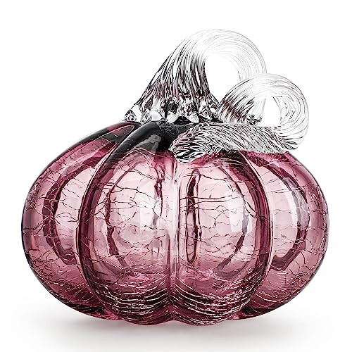 QFkris 5" Hand-Blown Glass Crackle Pumpkin Collectible Figurines Art Glass Pumpkin Paperweight Tabletop Decorative Ornaments for Fall Harvest Thanksgiving Halloween Decor (5inch,Purple) | Amazon (US)