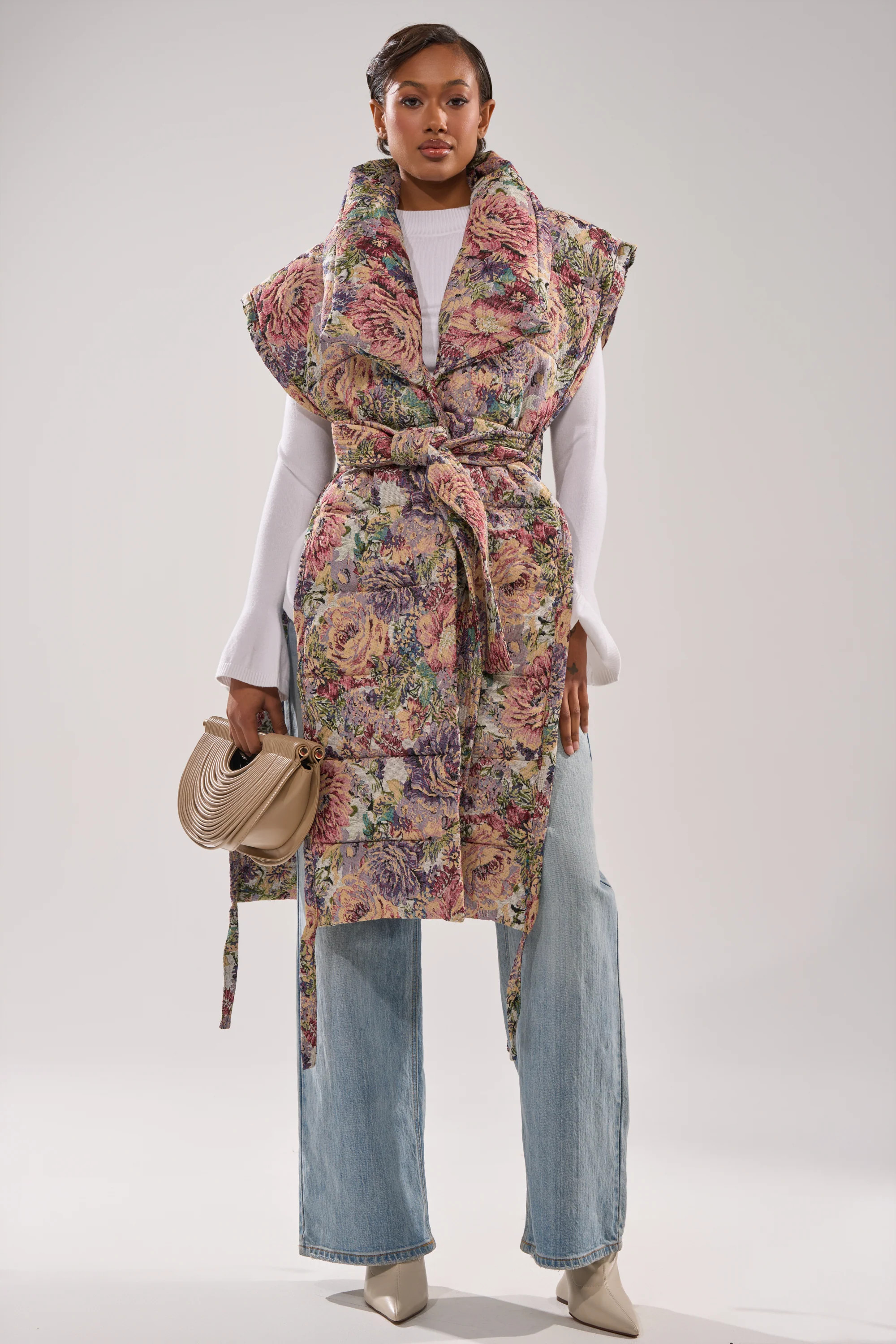 AKIRA Pilot Jones Longline Puffer Vest In Tapestry | AKIRA