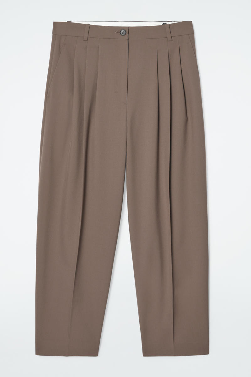 Pleated Barrel-Leg Wool Trousers in Brown | COS UK