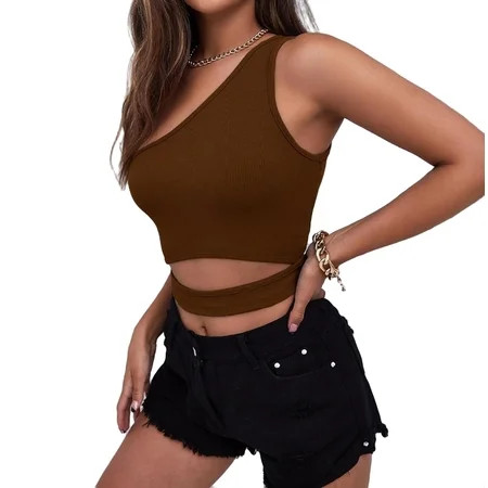 Women s Tops Casual Plain One Shoulder Sleeveless Rib-Knit Crop Brown M | Walmart (US)