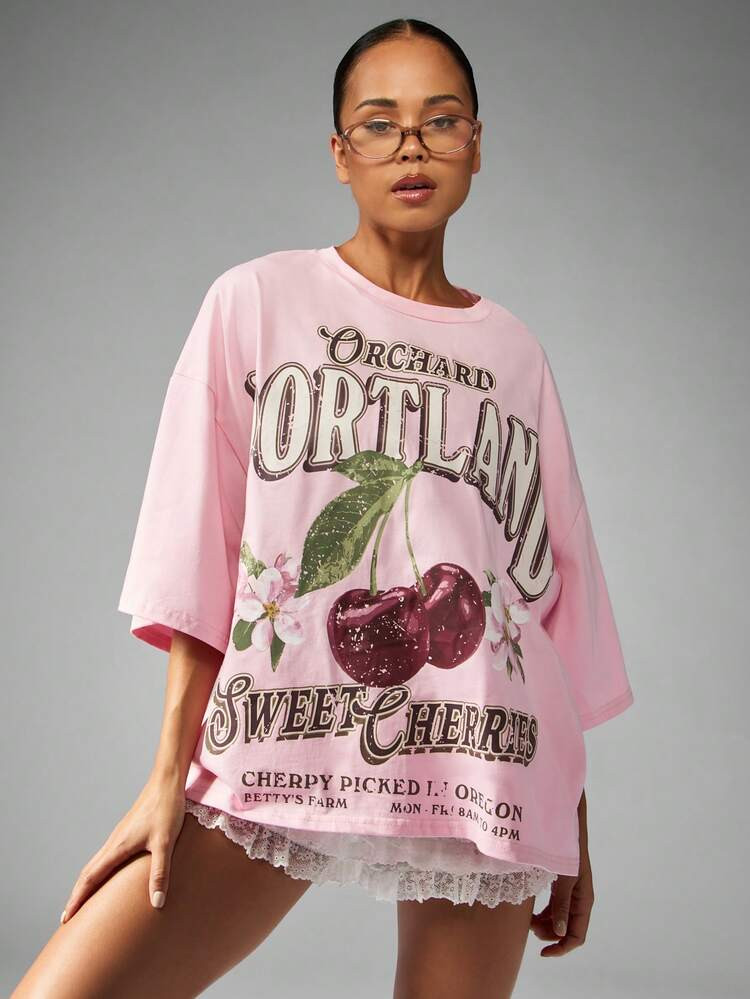 MISSGUIDED Oversized Pink Cherry Orchard Graphic Print T-Shirt, Casual Kawaii Sweet Summer Cotton Tee Vintage Farm Style | SHEIN