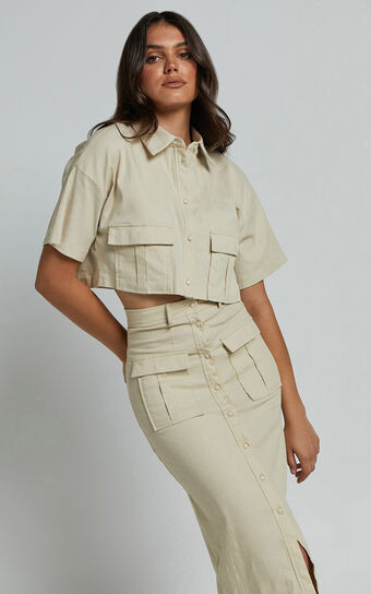 Davina Two Piece Set - Button Front Top and Midi Skirt Set in Sand | Showpo (US, UK & Europe)