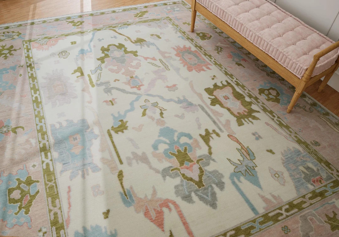 9X12 Rug, Modern Oushak Rug in Ivory & Mauve Pink, Colorful Area Rug in Coral Blue Green, Handmad... | Etsy (US)